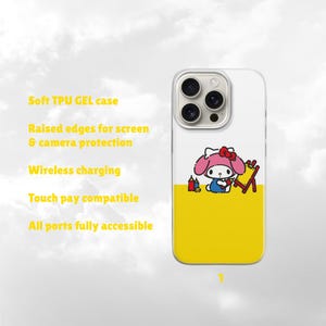 May include: A white and yellow phone case with a cartoon character illustration. The case has raised edges for screen and camera protection. The text on the case says "Soft TPU GEL case", "Raised edges for screen & camera protection", "Wireless charging", "Touch pay compatible", and "All ports fully accessible".