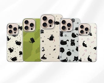 Cute Black Cat Phone Case For iPhone 17, 16, 15, 14, 13, 12, 11, Samsung S25FE, S24, S23,A17 Pixel 10, 9, 8, 7, 6