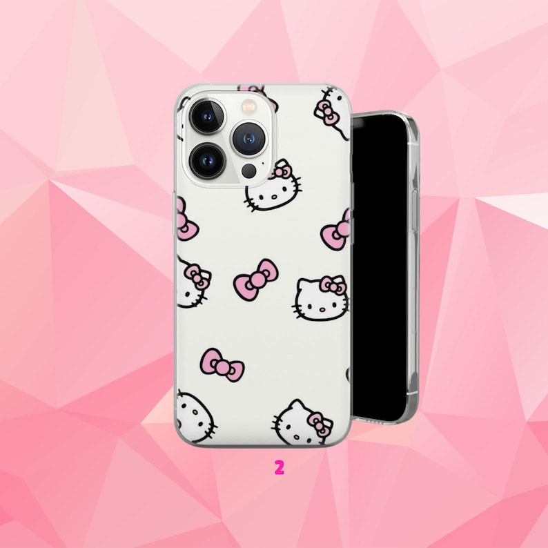 May include: Clear phone case featuring a repeating pattern of the Hello Kitty character and pink bows. The case is on a pink geometric background. The phone case is designed to fit a smartphone.