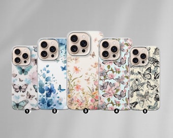 Esthetische vlinder telefoonhoesje voor iPhone 17, 16, 15, 14, 13, 12, 11, Samsung S25FE, S24, S23, A17 Pixel 10, 9, 8, 7, 6