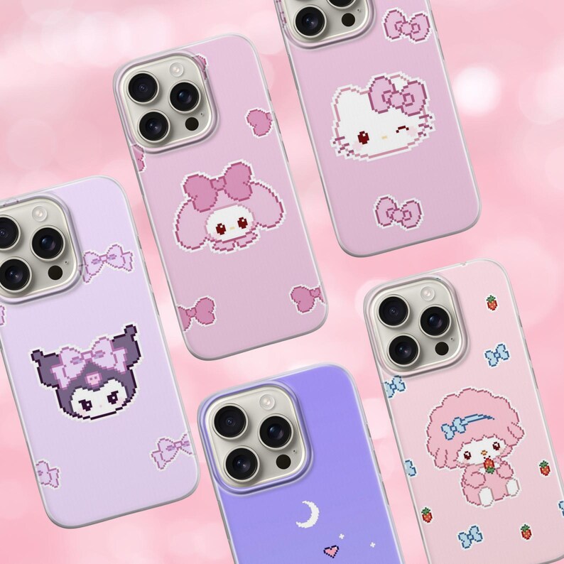 May include: A collection of phone cases in various shades of pink and purple. Each case features a different cartoon character design, including Hello Kitty, My Melody, and Kuromi, along with bows and other decorative elements. The cases are designed to fit a smartphone.