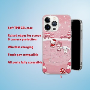 Puede incluir: Funda de tel&eacute;fono rosa con una escena invernal y personajes de dibujos animados. La funda ofrece protecci&oacute;n de pantalla y c&aacute;mara, carga inal&aacute;mbrica y compatibilidad t&aacute;ctil. El texto en la funda dice "Soft TPU GEL case" y "All ports fully accessible."