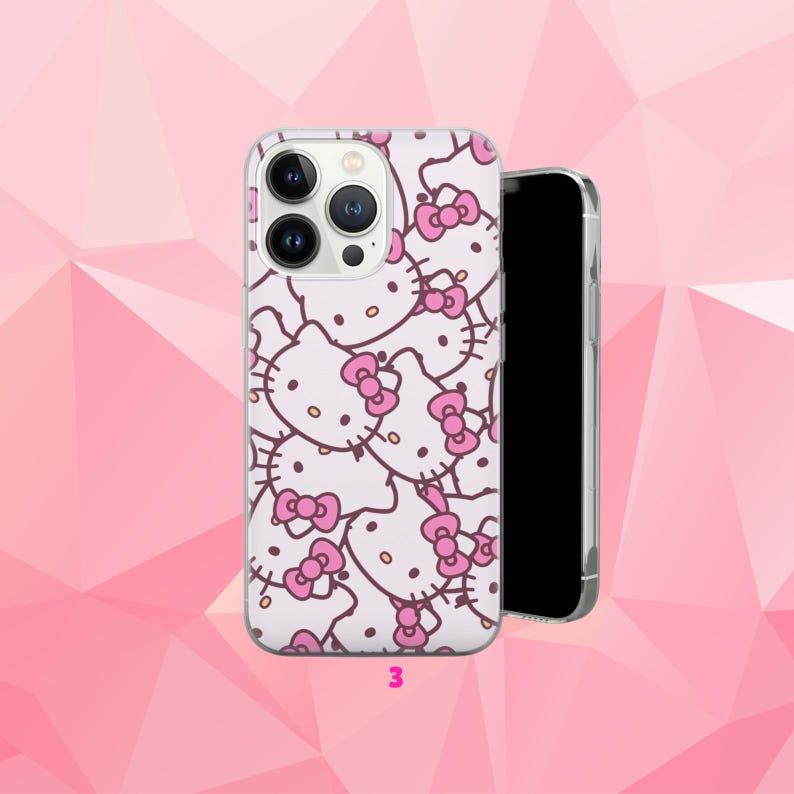 May include: A white phone case featuring a repeating pattern of Hello Kitty faces with pink bows and outlines. The phone case is shown next to a black smartphone. The number "3" is printed at the bottom of the image.