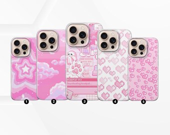 Cute Pixel Art Phone Case Pink Aesthetic Cover for iPhone 17, 16, 15, 14, 13, 12, 11, Samsung S25, S24, S23,A17, Pixel 10, 9, 8, 7, 6