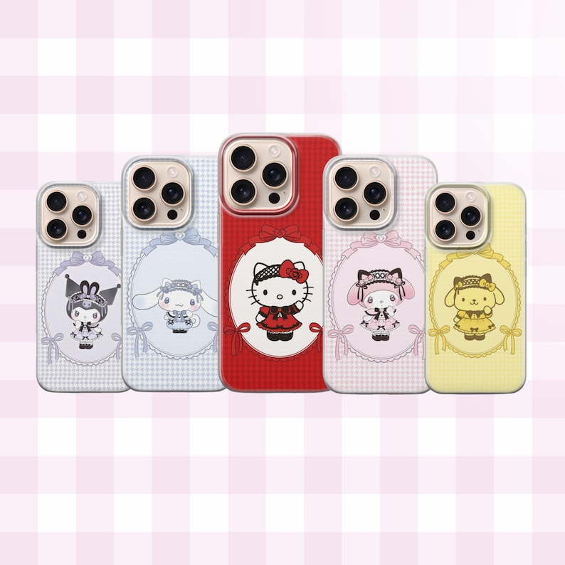 May include: Five phone cases with cartoon character designs. The cases are in various colours, including red, blue, and yellow. Each case features a different character, with bows and oval frames. The cases are designed for mobile phones.