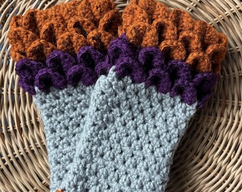 Hand Crocheted Fingerless Gloves - Crocodile Stitch - Rust Purple Off White