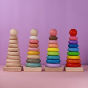 Wooden Stacking Toy – Montessori Rainbow or Natural – Baby Rings – Toddler Toy – Ring Tower