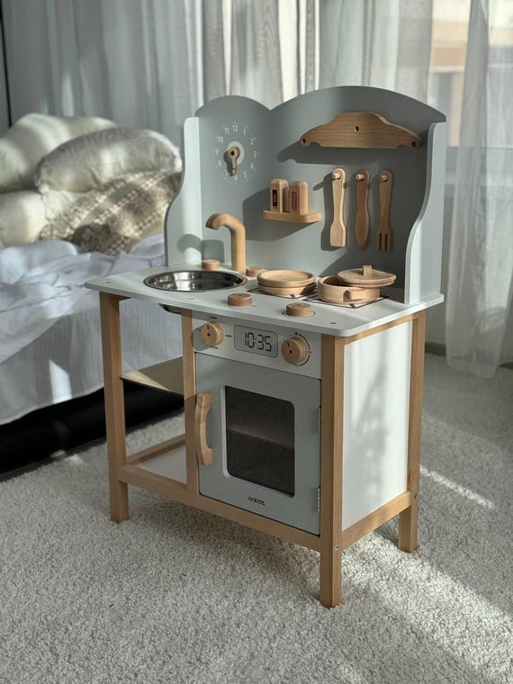 Wooden Toddler Kitchen Playset – Montessori Pretend Play Kitchen for Kids,  Handmade Role Play Toy Gift