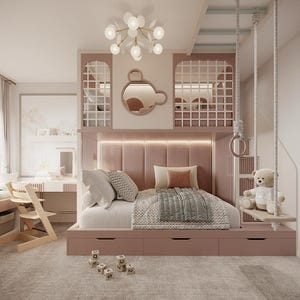 May include: A bedroom set featuring a loft bed with a pink frame, integrated storage drawers, and a built-in ladder. The bed includes a padded headboard, a teddy bear on a hanging swing, a desk with a chair, and a ceiling light fixture with globes.
