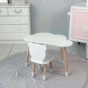 Personalized Montessori Table & Bear Chair Set: Wooden Toddler Desk, Cloud Playroom Furniture