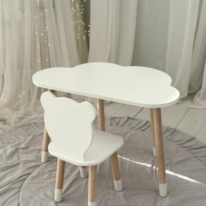 Personalized Montessori Kids Table Set – Wooden Toddler Desk & Bear Chair, Cloud Playroom Furniture, Baby Room Gift