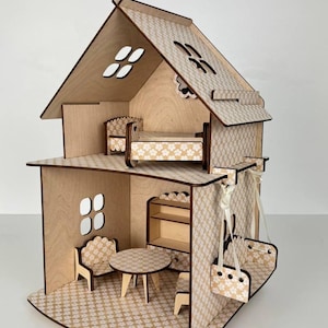 Montessori Wooden Dollhouse with Furniture: Eco-Friendly Playhouse