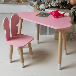Personalized Montessori Toddler Desk with Butterfly Chair: Handmade Wooden Cloud Table Set