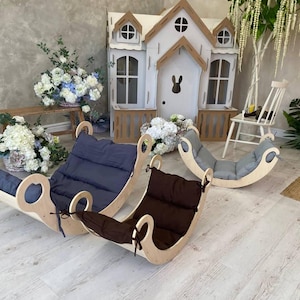 Montessori Wooden Rocker with Cushion – Balance Board, Indoor Climber Swing & Baby Toddler Gift