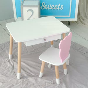 Personalized Montessori Table and Chair Set: Wooden Kids Desk with Drawer