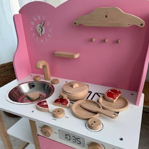 Cucina giocattolo in legno Montessori per bambini, set da cucina per bambini fatto a mano, giocattolo educativo ecologico, cucina giocattolo per bambini.