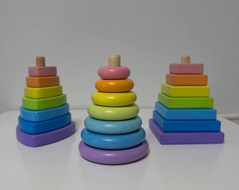 Wooden Stacking Pyramid Toy – Montessori Shape Sorting Tower for Babies, Fine Motor Skill Educational Toy, First Birthday Gift
