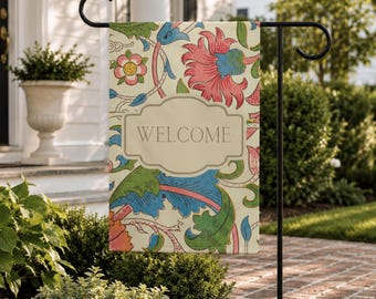 Vintage Floral Garden Flag, Welcome Garden Flag, Cottage Garden Decor, English Cottage Flag, Botanical Style Yard Flag