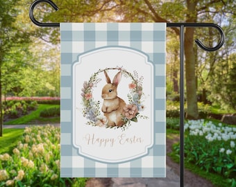 Bandera de jardín de conejito de Pascua, bandera de jardín de cuadros vichy, bandera de jardín floral de Pascua, bandera de jardín de primavera, decoración de Pascua para exteriores
