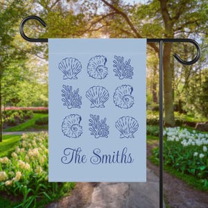 Personalized Seashell Garden Flag, Custom Blue Beach House Yard Decor with Last Name, Coastal Outdoor Sign, Nautical Summer Garden Gift