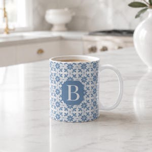 Personalized 11 oz. Blue Floral Mug | Blue & White Tile Coffee Mug | Custom Initial Mug | Mediterranean Ceramic Mug | Coastal Kitchen Gift