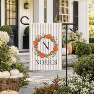 Personalized Fall Garden Flag, Custom Family Name Pumpkin Flag, Monogram Autumn Porch Decor, Neutral Pumpkin Wreath Yard Flag