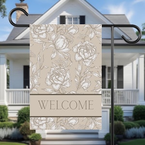 Neutral Floral Willkommen Garten Flagge: Doppelseitig Poly Popeline, 12x18