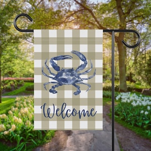 Neutral Gingham Garden Flag with Blue Crab, Nautical Welcome Outdoor Flag, Coastal Yard Decor, Summer Crab Garden Flag