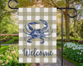 Blue Crab Garden Flag: Nautical Gingham Welcome - Coastal Decor