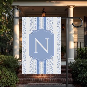 Personalized Blue Monogram Garden Flag, Custom Initial Flag, Preppy Classic Porch Decor, Elegant Cottage Garden Flag