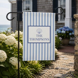 Personalized Coastal Garden Flag, Custom Family Name Seashell Flag, Blue Stripe Nautical Yard Flag, New England Beach House Coastal Decor