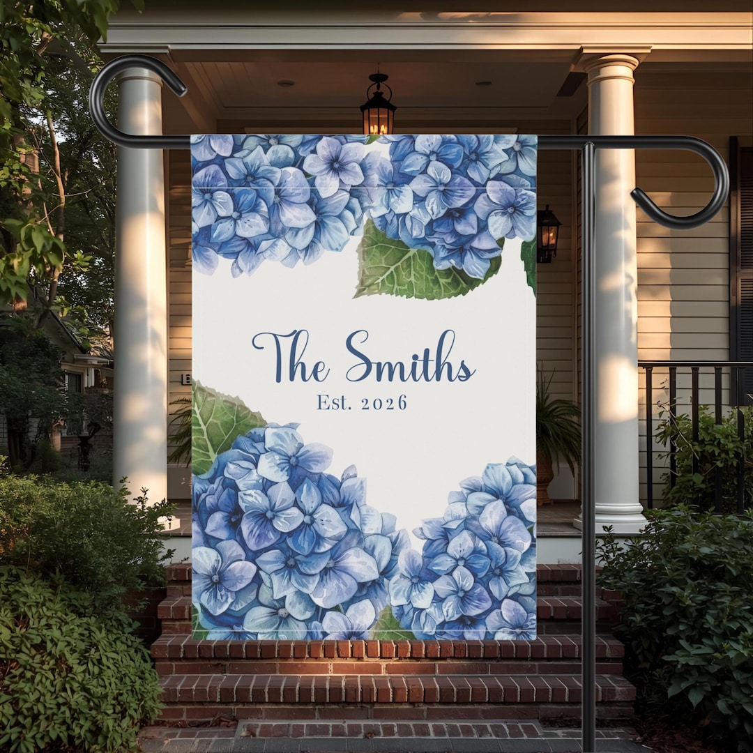 Personalized Hydrangea Garden Flag, Newlywed Gift, Last Name Established Flag, Blue Floral Wedding Gift, Coastal Grandmillennial Porch Decor