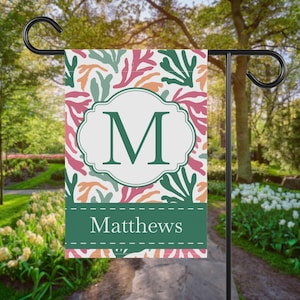 Custom Coral Garden Flag, Personalized Outdoor Flag with Last Name & Initial, Coastal Yard Decor, Beach House Welcome Flag