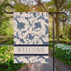 Blaue Willkommen Garten Flagge: Doppelseitige Poly Popeline Outdoor Dekoration