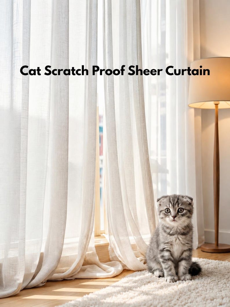 Pode incluir: Uma cortina branca semitransparente com o texto Cat Scratch Proof Sheer Curtain impresso em preto. A cortina pende em frente a uma janela e um pequeno gatinho cinzento tigrado est&aacute; sentado num tapete texturado perto de um candeeiro de p&eacute;.