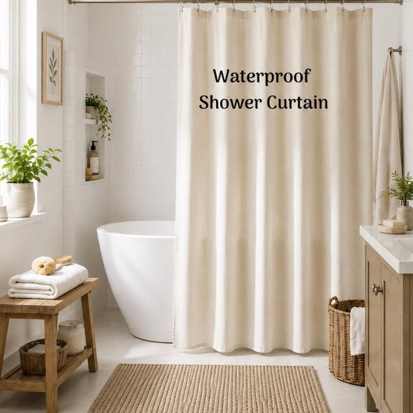 Waterproof  Faux Linen Shower Curtain, Farmhouse Bathroom Decor, Neutral Fabric Bath Curtain with Weighted Hem for Modern Home and Spa Style