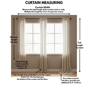 Pode incluir: Um diagrama instrutivo intitulado CURTAIN MEASURING mostrando tr&ecirc;s cortinas esbranqui&ccedil;adas num var&atilde;o. Ilustra a largura da cortina, cortinas de comprimento m&eacute;dio abaixo do parapeito e cortinas at&eacute; ao ch&atilde;o com 2-3 cm de espa&ccedil;o.