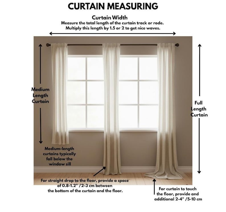 Pode incluir: Um diagrama instrutivo intitulado CURTAIN MEASURING mostrando tr&ecirc;s cortinas esbranqui&ccedil;adas num var&atilde;o. Ilustra a largura da cortina, cortinas de comprimento m&eacute;dio abaixo do parapeito e cortinas at&eacute; ao ch&atilde;o com 2-3 cm de espa&ccedil;o.