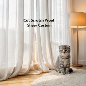 Può includere: Tende bianche semitrasparenti con il testo Cat Scratch Proof Sheer Curtain stampato sul tessuto. Un gattino grigio tigrato è seduto su un tappeto bianco davanti alle tende, accanto a una lampada da terra con paralume beige e base in legno.
