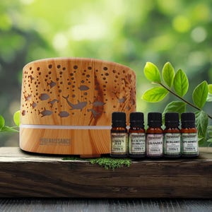 Light Wood Aromatherapy Diffuser with Essential Oils – 500ml LED Humidifier