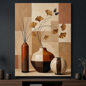 May include: An abstract painting featuring three decorative vases in shades of brown and beige. The vases hold dried plants and branches with golden-colored leaves. The background is a geometric pattern of squares and rectangles.