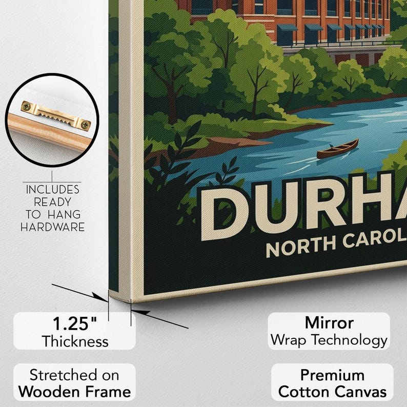 Durham North Carolina Canvas Print Wall Art, Vintage Travel Poster Decor, Retro Cityscape, Duke University Art, Lucky Strike Tobacco Gift image 7