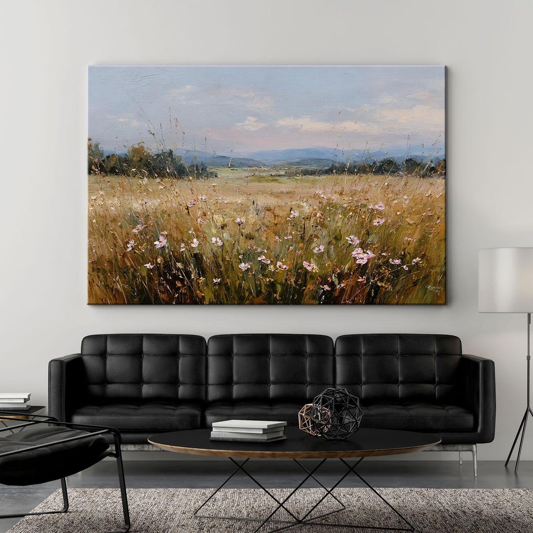 Wildflower Field Landscape Canvas Print, Rustic Meadow Wall Art ...