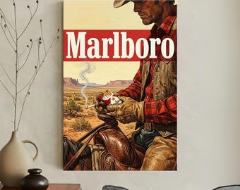Vintage Marlboro Cowboy Wall Art, Canvas Print, Retro Western Poster, Masculine Man Cave Decor, Cigarette Ad Pop Art, Desert Americana