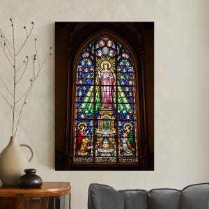 Stained Glass Religious Art Print, Christian Church Cathedral Window Canvas, Vibrant Spiritual Wall Decor
