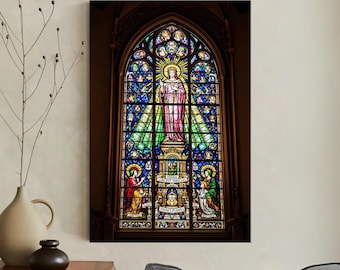 Stained Glass Religious Art Print, Christian Church Cathedral Window Canvas, Vibrant Spiritual Wall Decor