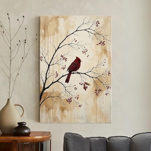 Czerwony kardynał, grafika ścienna, wydruk na płótnie, rustykalny wystrój domu, obraz z zimowymi gałęziami drzew, neutralne dzieło sztuki z czerwonymi jagodami