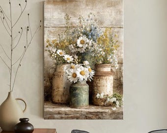Quadro de parede rústico com flores silvestres, decoração vintage de fazenda, margaridas campestres, natureza morta floral em estilo shabby chic, buquê de jarra de leite antiga