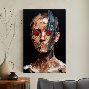 Abstract Face Portrait Canvas Wall Art, Thick Paint Texture, Red Eyes, Modern Palette Knife Painting, Dark Moody Decor, Large Art Print