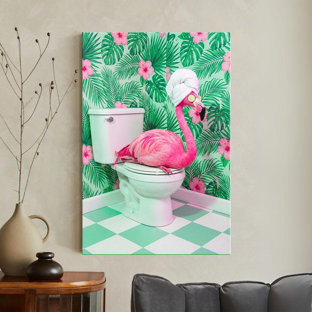 Funny Flamingo Bathroom Art Canvas Print, Pink Bird on Toilet, Tropical ...